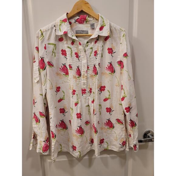 Liz Claiborne Floral Linen Tunic with roll tab sleeves - Picture 1 of 10